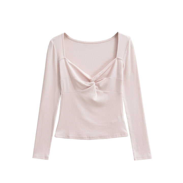 Women's Long Sleeve Shirt with Twist Knot Detail, Shaping Bust Part and Wide Neckline Mune Fashion
