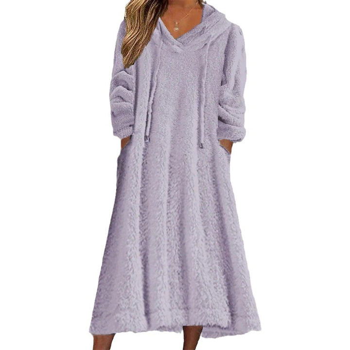 Ladies maxi dress made of teddy fleece with hood, V-neck and side pockets Mune Fashion