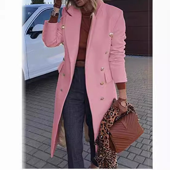 Women's fitted double-breasted wool blend coat with decorative jewel buttons and long silhouette Mune Fashion