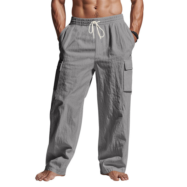 Men's loose linen cargo pants with elastic drawstring waistband and patch flap pockets Mune Fashion