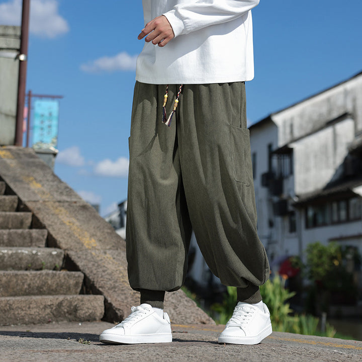 Men's Wide-Fit Harem Jogging Pants made of Fine Cord with Decorative Tassel Drawstring Mune Fashion
