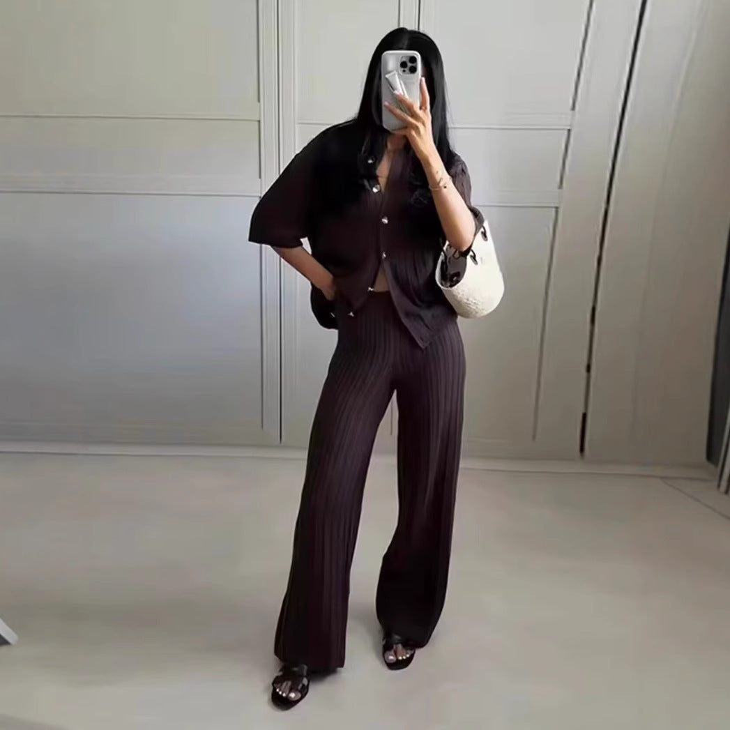 Women's wide knit pants with high elastic waistband, textured knit and palazzo cut Mune Fashion