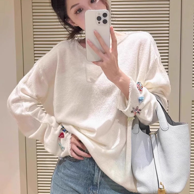 Women's Oversized Fine Knit Sweater with Jewelry-Embellished Sleeve Cuffs Mune Fashion