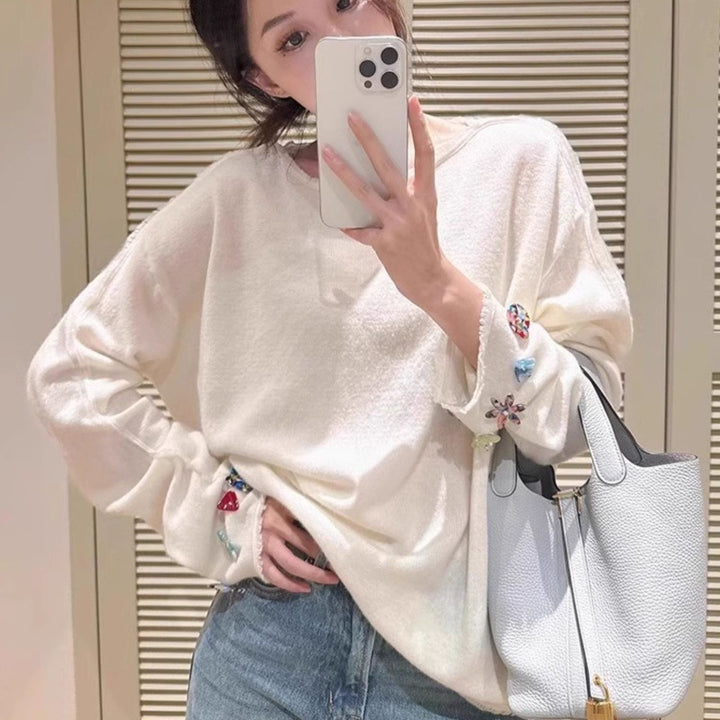 Women's Oversized Fine Knit Sweater with Jewelry-Embellished Sleeve Cuffs Mune Fashion