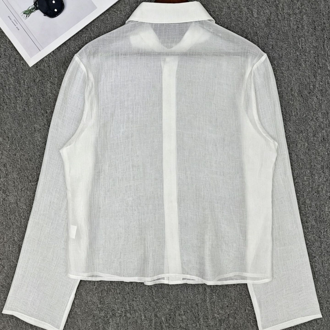 Womens Transparent Shirt Blouse in Linen Look with Kent Collar Mune Fashion
