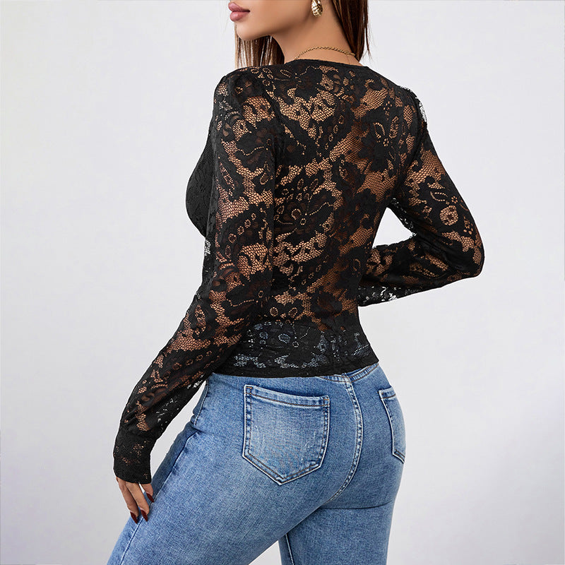 Women’s figure-hugging lace top with deep V-neck, gathered waist and transparent long sleeves Mune Fashion