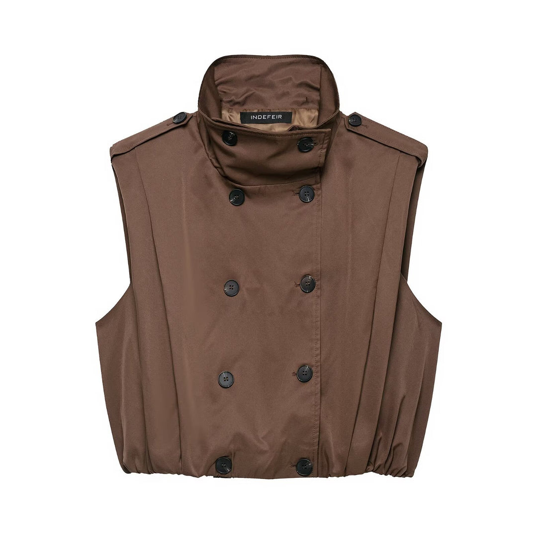 Women Sleeveless Trench Vest with Double Breasted and Stand Collar Mune Fashion