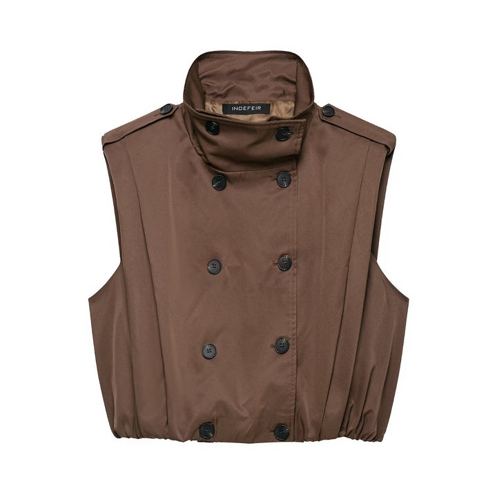 Women Sleeveless Trench Vest with Double Breasted and Stand Collar Mune Fashion