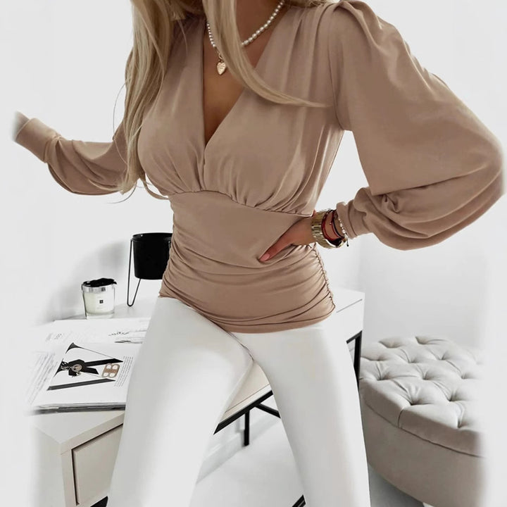 Women's draped satin blouse with underbust seam, side gathering, and voluminous balloon sleeves Mune Fashion