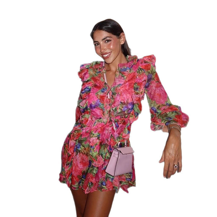 Women Floral Chiffon Mini Dress with Lace-up Corset, Ruffles and Flared Sleeves Mune Fashion