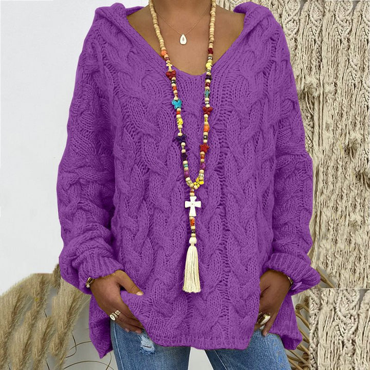 Women Oversized Cable Knit Sweater with Hood and Casual V-Neck Mune Fashion