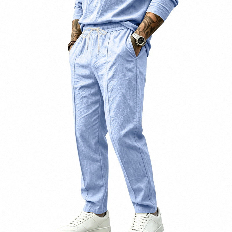 Men's tapered casual chino pants with elastic drawstring waistband, decorative crease and side pockets Mune Fashion