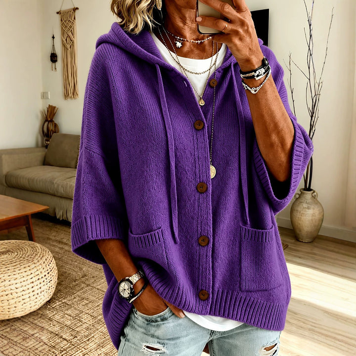 Women's Oversize Hooded Cardigan with Wooden Buttons and Boxy Silhouette Mune Fashion
