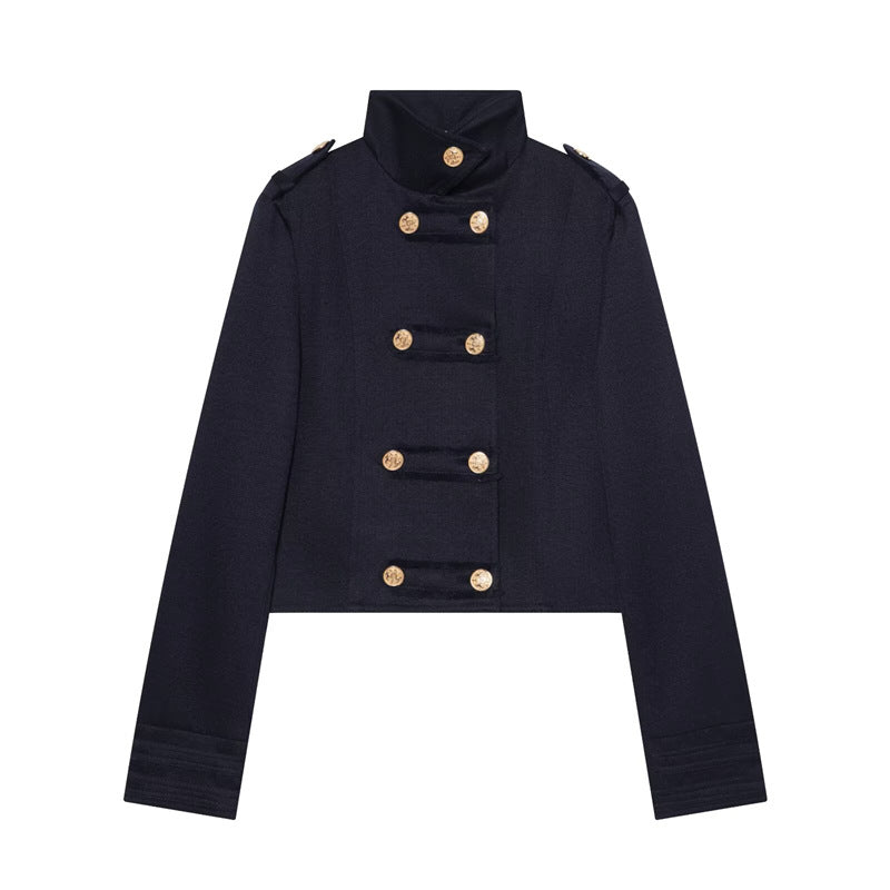 Women's Cropped Uniform Jacket in Military Style with Stand-up Collar and Decorative Button Placket Mune Fashion