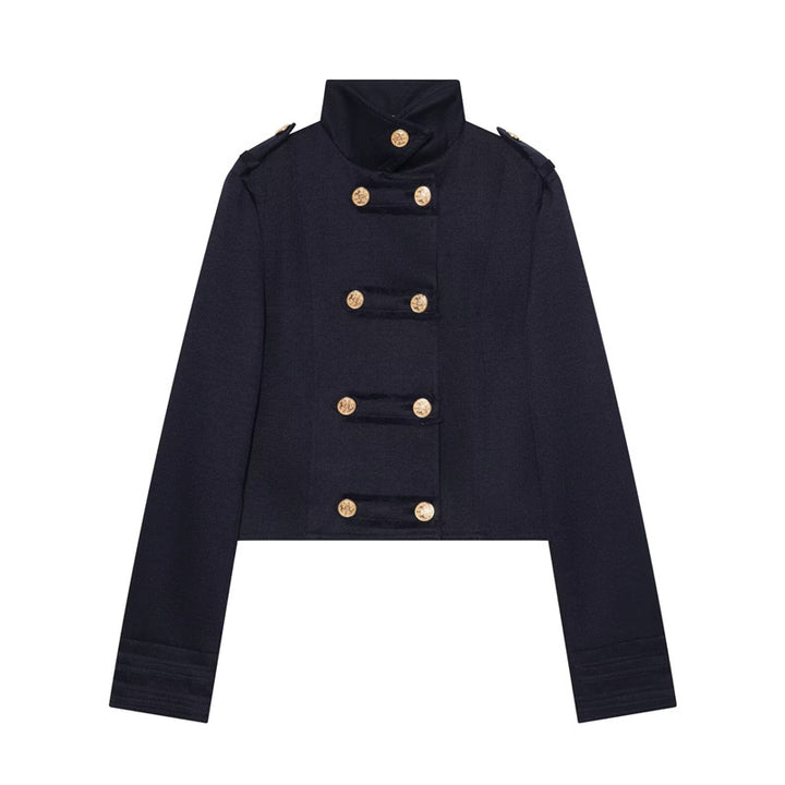 Women's Cropped Uniform Jacket in Military Style with Stand-up Collar and Decorative Button Placket Mune Fashion