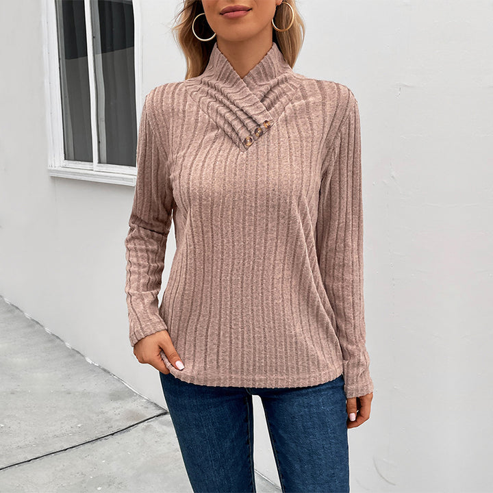 Women's Ribbed Fine Knit Sweater with Overlapping Stand-Up Collar Mune Fashion