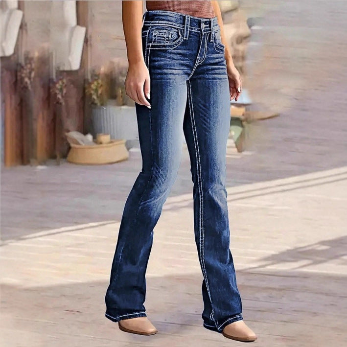Women's Bootcut Jeans with contrasting decorative seams and sculpting stretchy waistband Mune Fashion