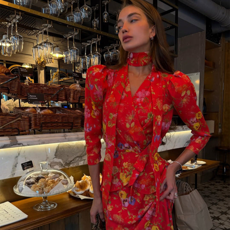 Women's Wrap Maxi Dress with Floral Print, Puff Sleeves and Shawl Collar Mune Fashion