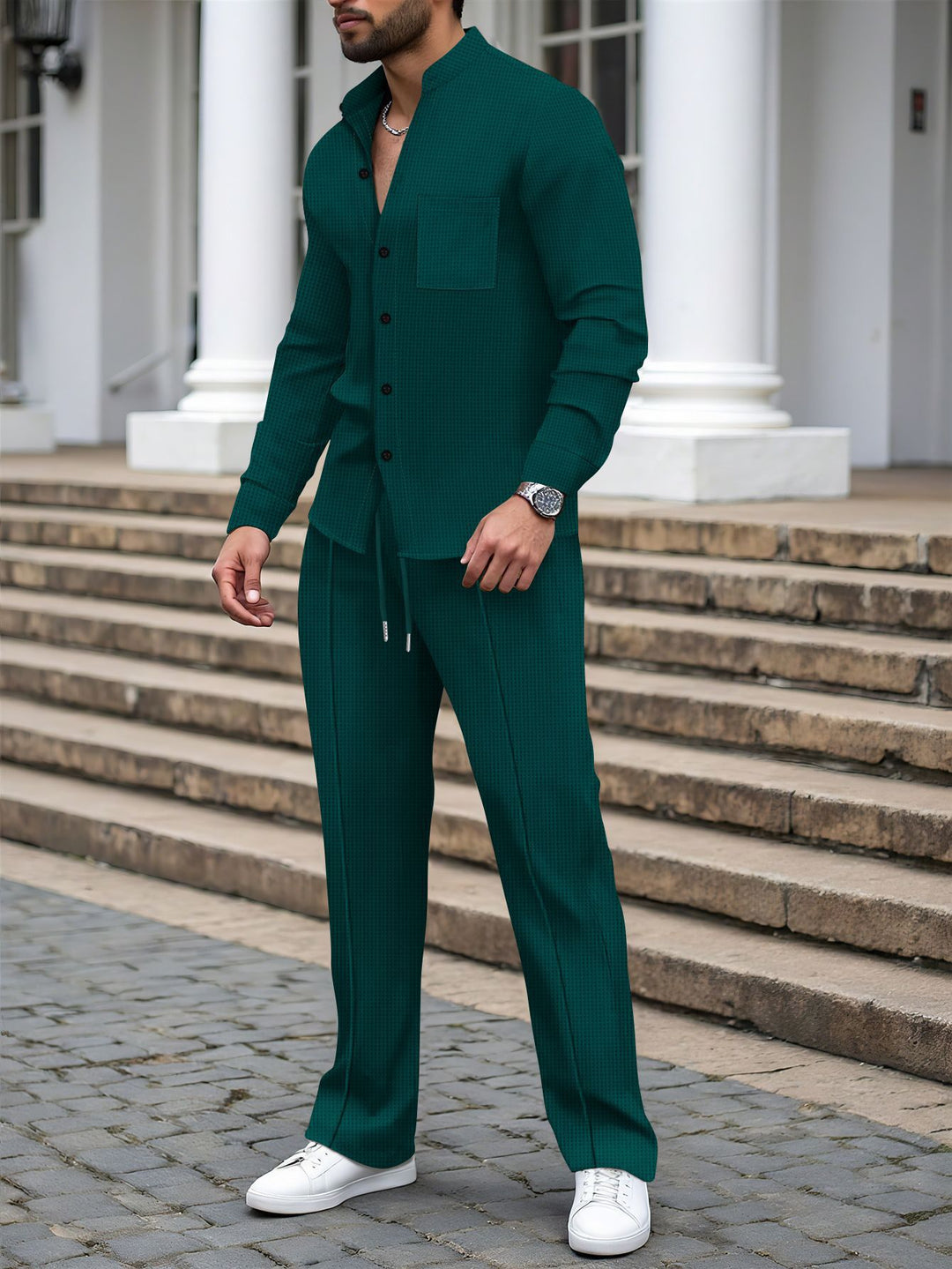 Men's Casual Shirt-Pant Lounge Set Made of Textured Cotton Blend Mune Fashion