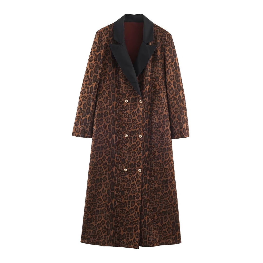 Women Double-Breasted Coat with Leopard Print and Satin Shawl Collar Mune Fashion