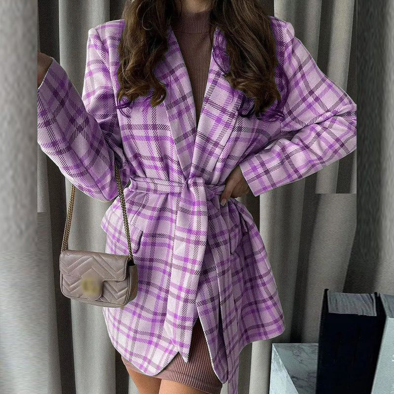 Women Oversize Checked Long Blazer with Tie Belt and Shawl Collar Mune Fashion