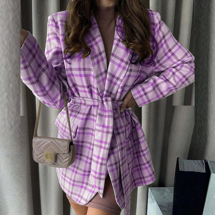 Women Oversize Checked Long Blazer with Tie Belt and Shawl Collar Mune Fashion
