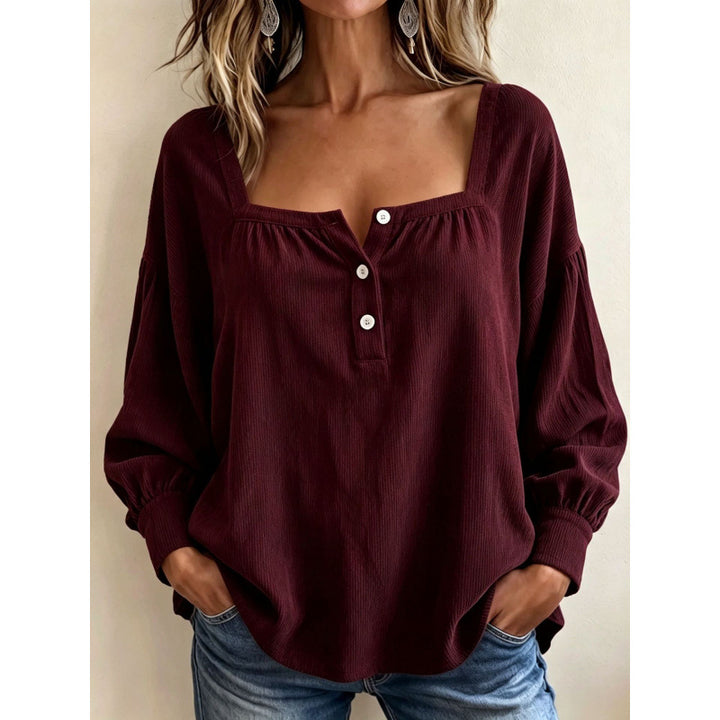 Women Long Sleeve Ribbed Structure Henley Shirt with Square Neckline Mune Fashion