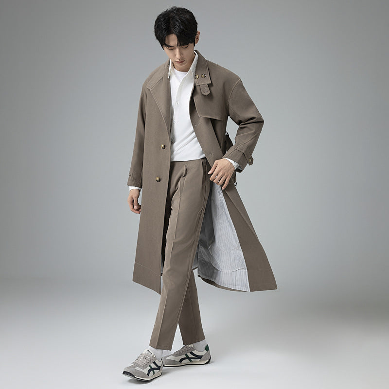 Men's Long Modern Trench Coat made of lightweight twill with concealed button placket and waist belt Mune Fashion