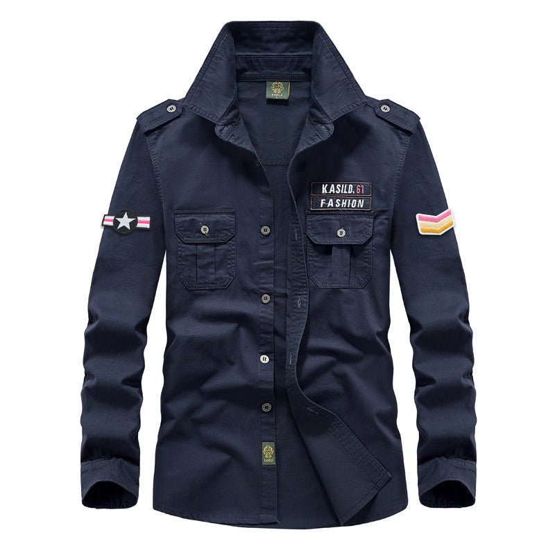 Men's Military Cotton Field Shirt with Patch Applications and Applied Chest Pockets Mune Fashion