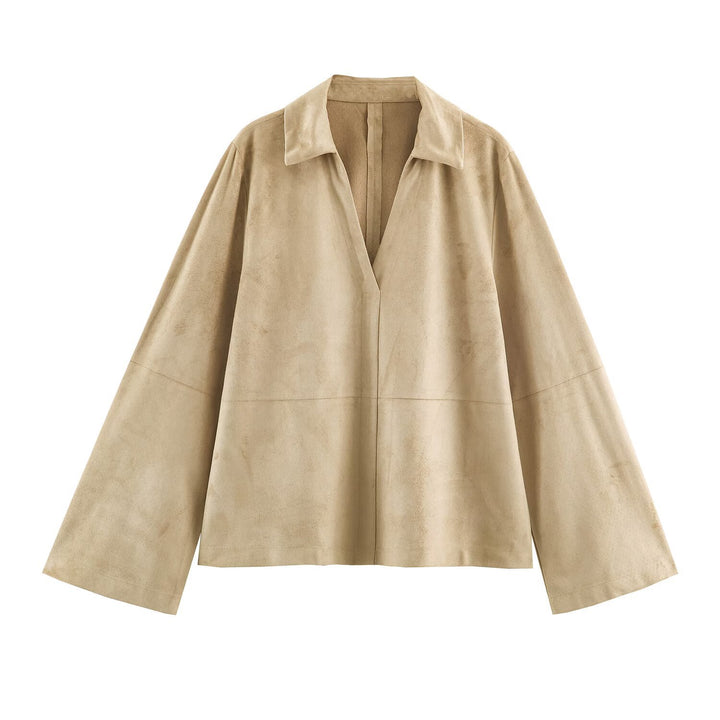 Women's Oversize Suede Look Jacket with Deep V-Neck and Shirt Collar
