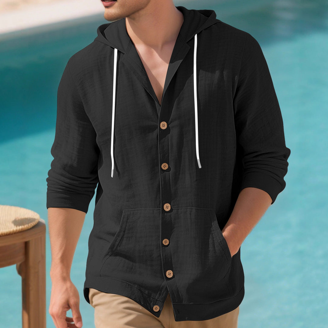 Men's lightweight hooded overshirt in crinkle look with wooden button placket and kangaroo pocket Mune Fashion