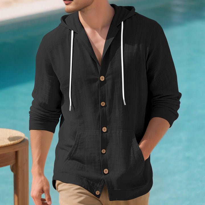 Men's lightweight hooded overshirt in crinkle look with wooden button placket and kangaroo pocket Mune Fashion