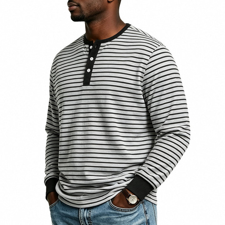 Men Striped Long Sleeve Henley Shirt Made of Cotton Blend with Button Placket Mune Fashion