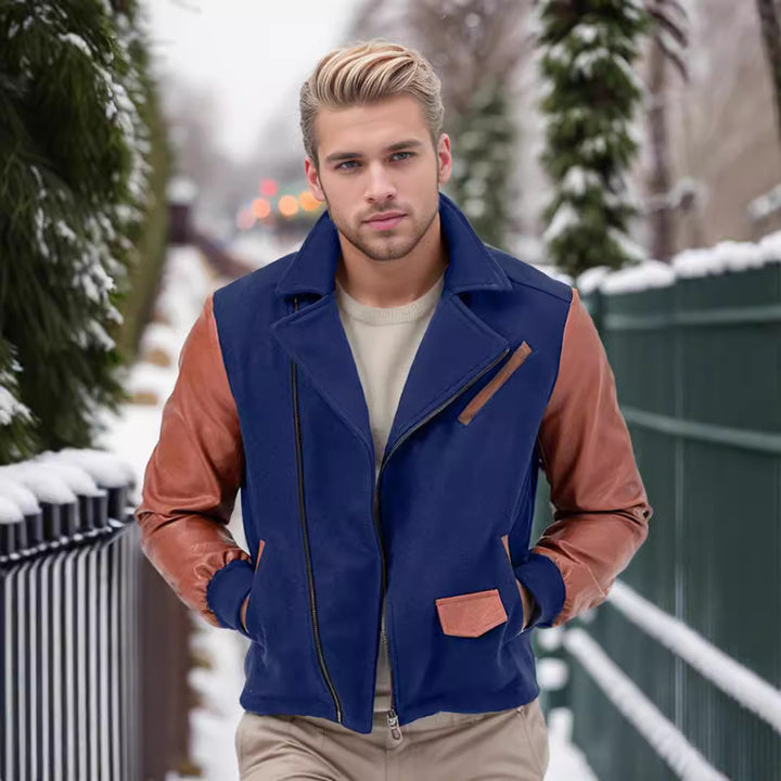 Men's short jacket in aviator style with contrast sleeves and asymmetric zipper Mune Fashion
