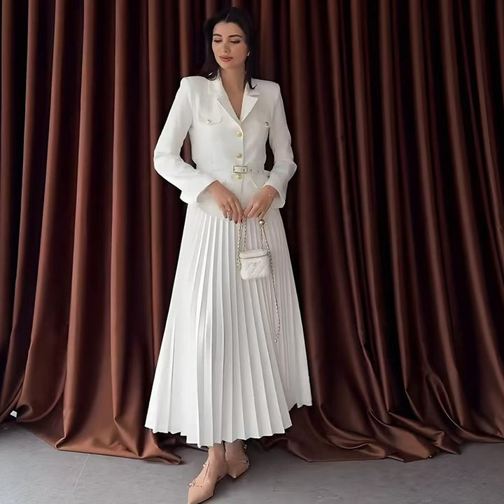 Women's Tailored Blazer with Belt and Pleated Maxi Skirt Set Mune Fashion