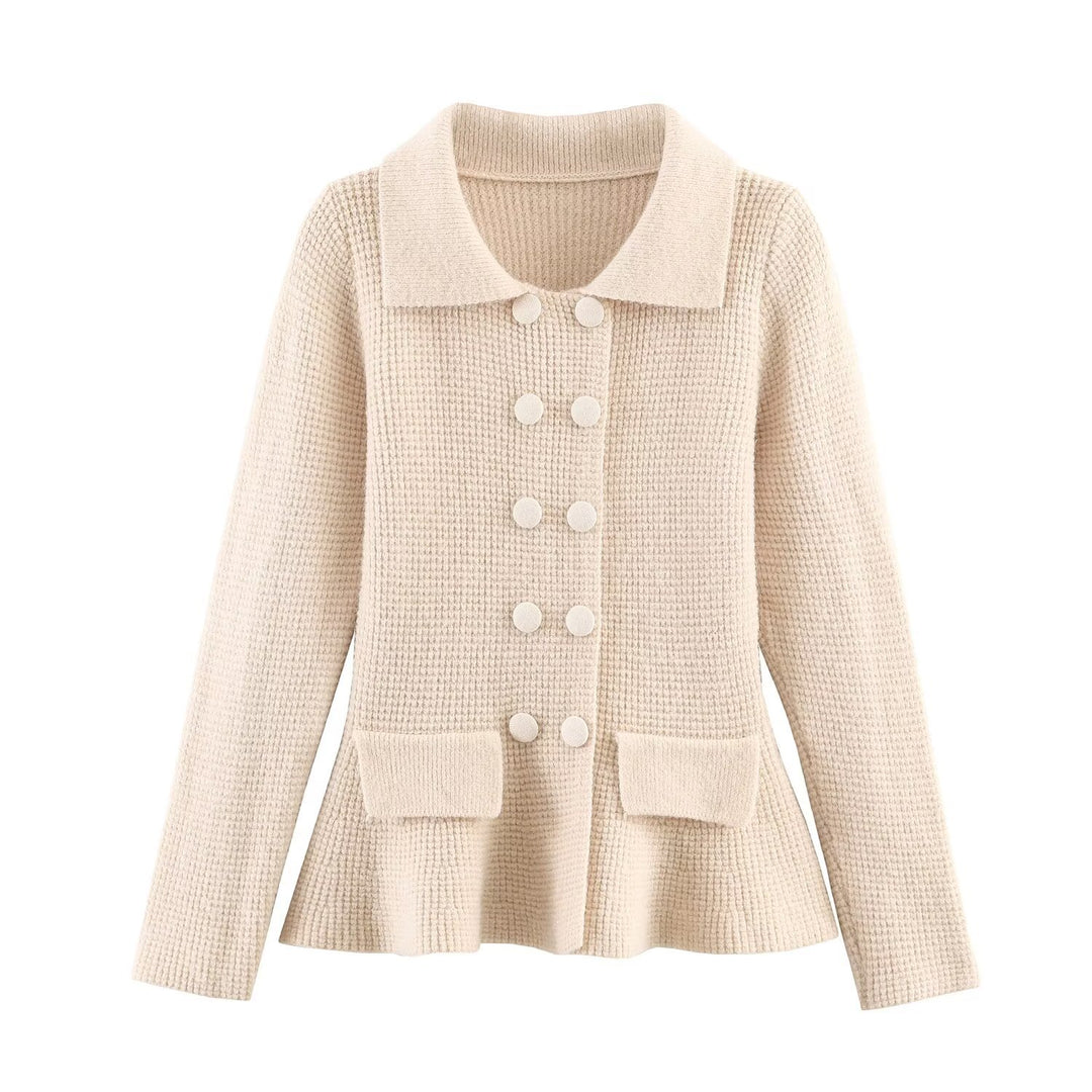 Women's Double-breasted Boucle Jacket with Peplum, Applied Pockets and Shirt Collar Mune Fashion