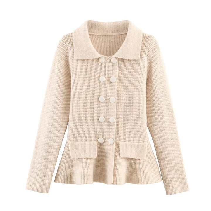 Women's Double-breasted Boucle Jacket with Peplum, Applied Pockets and Shirt Collar Mune Fashion