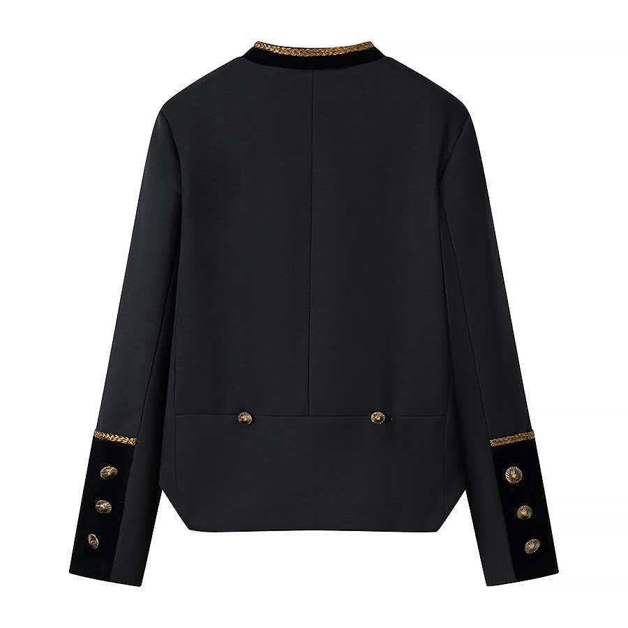 Women's Cropped Military Jacket with Decorative Cord and Velvet Collar Mune Fashion