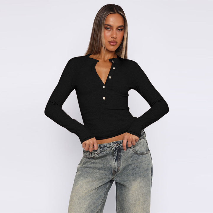 Damen Figurbetontes geripptes Henley-Longsleeve mit Knopfleiste Mune Fashion