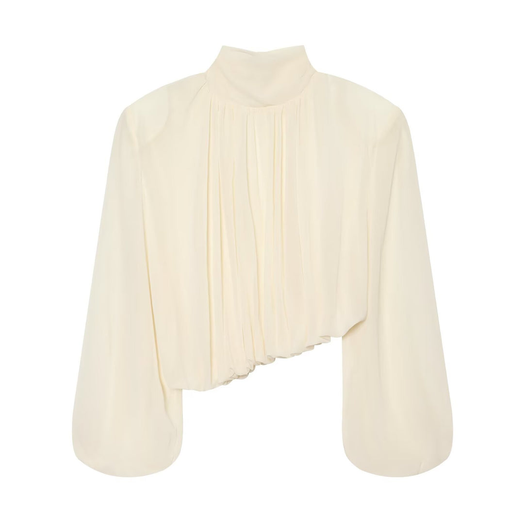 Ladies Pleated Blouse with Stand Collar and Balloon Sleeves Mune Fashion