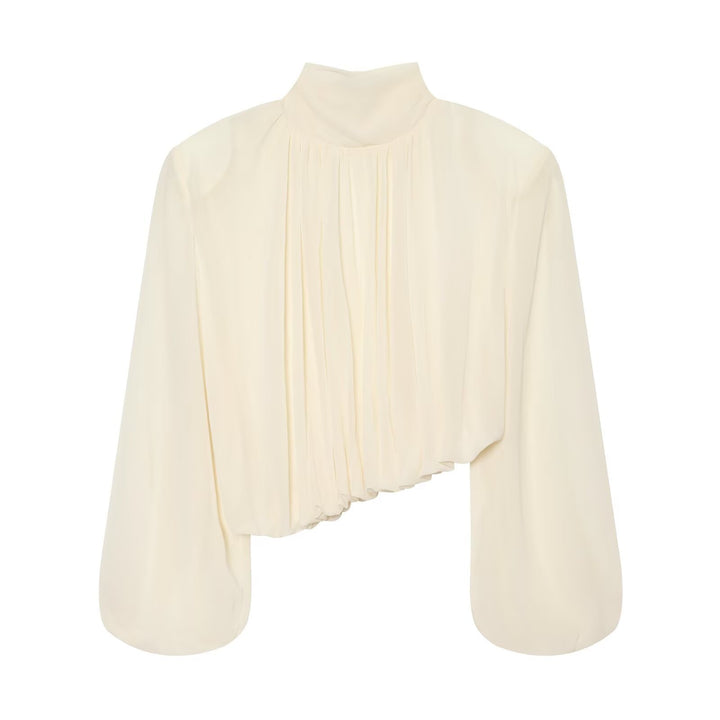 Ladies Pleated Blouse with Stand Collar and Balloon Sleeves Mune Fashion