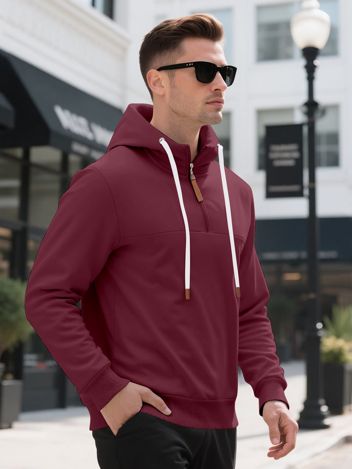 Men's Half-Zip Hooded Sweatshirt with Stand-Up Collar, Drawstring and Leather Details Mune Fashion