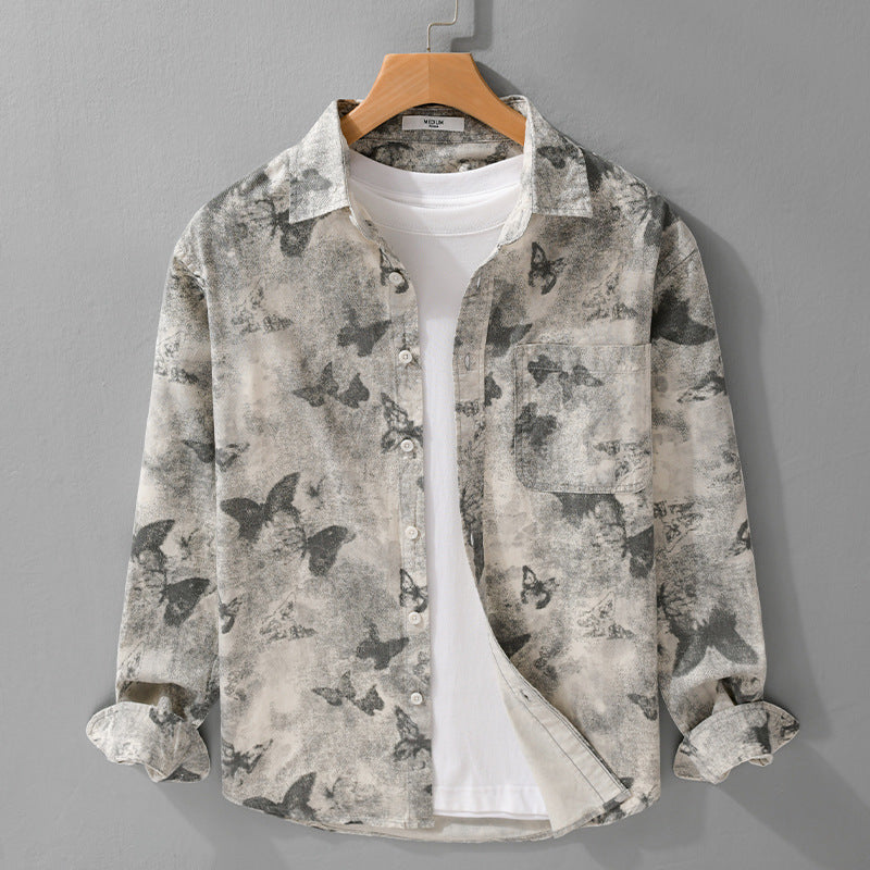 Men's Lightweight Linen Blend Shirt with Watercolor Butterfly Print and Chest Pocket Mune Fashion