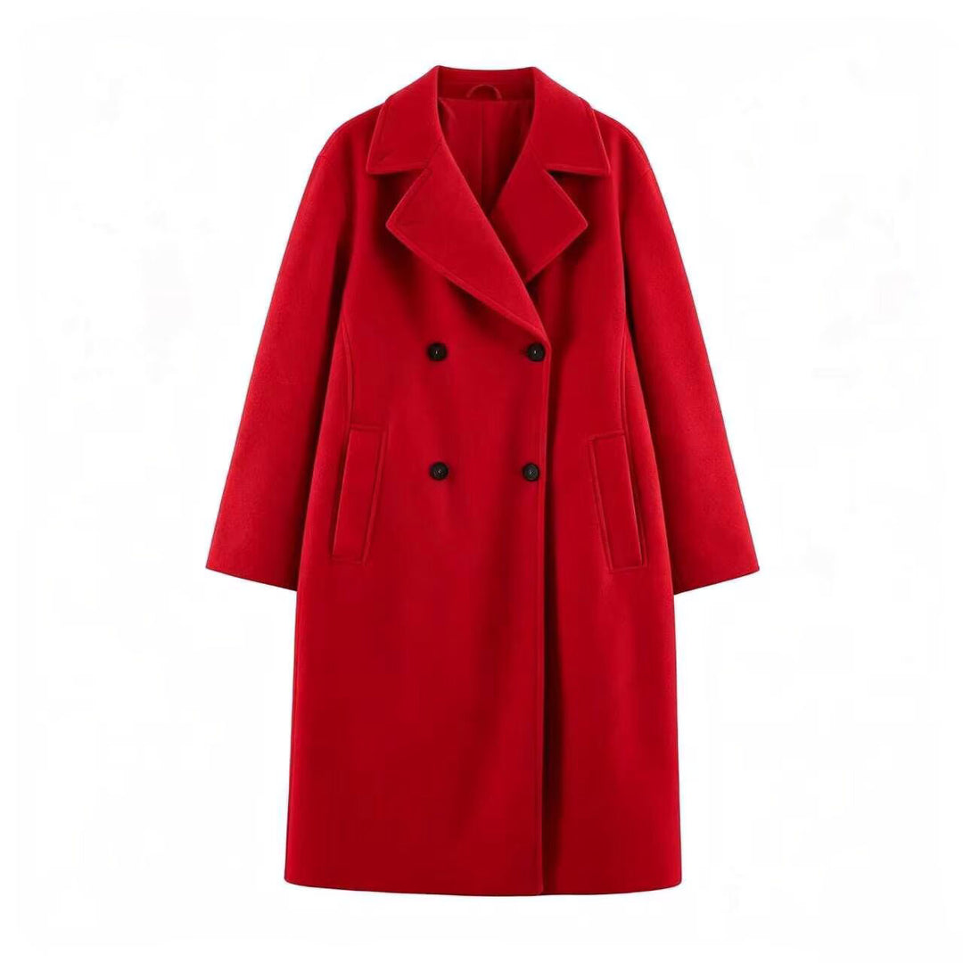 Women Mid-Length Wool Blend Double-Breasted Coat with Wide Lapels and Side Pockets Mune Fashion