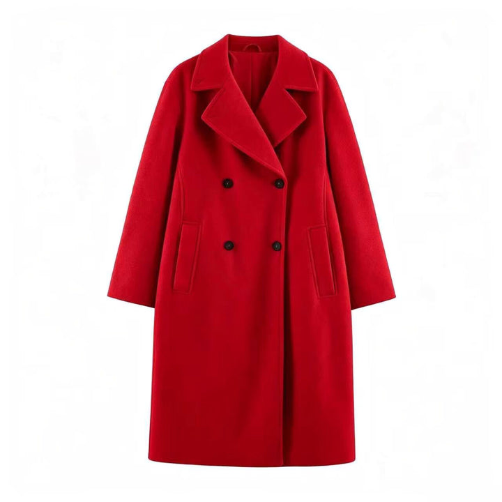Women Mid-Length Wool Blend Double-Breasted Coat with Wide Lapels and Side Pockets Mune Fashion