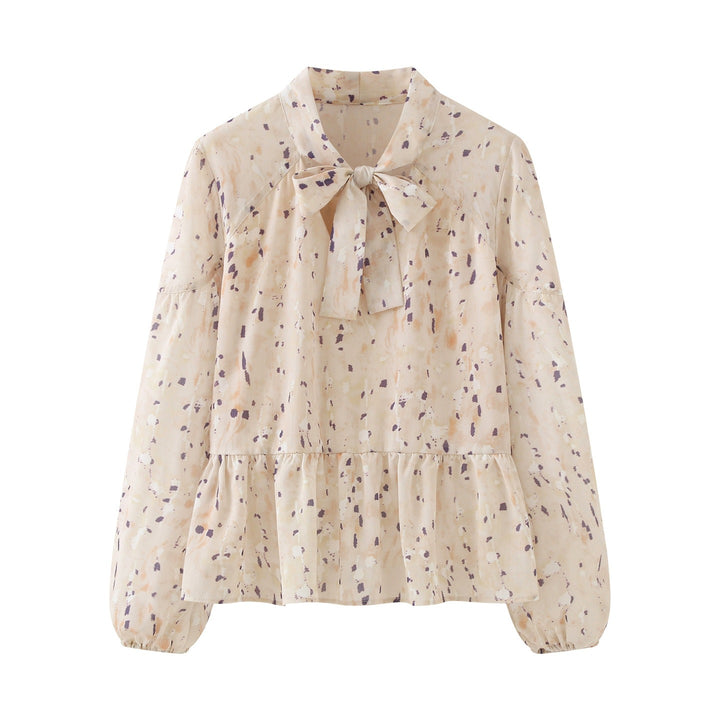 Ladies' bow blouse with ruffle trim, watercolor print and balloon sleeves Mune Fashion