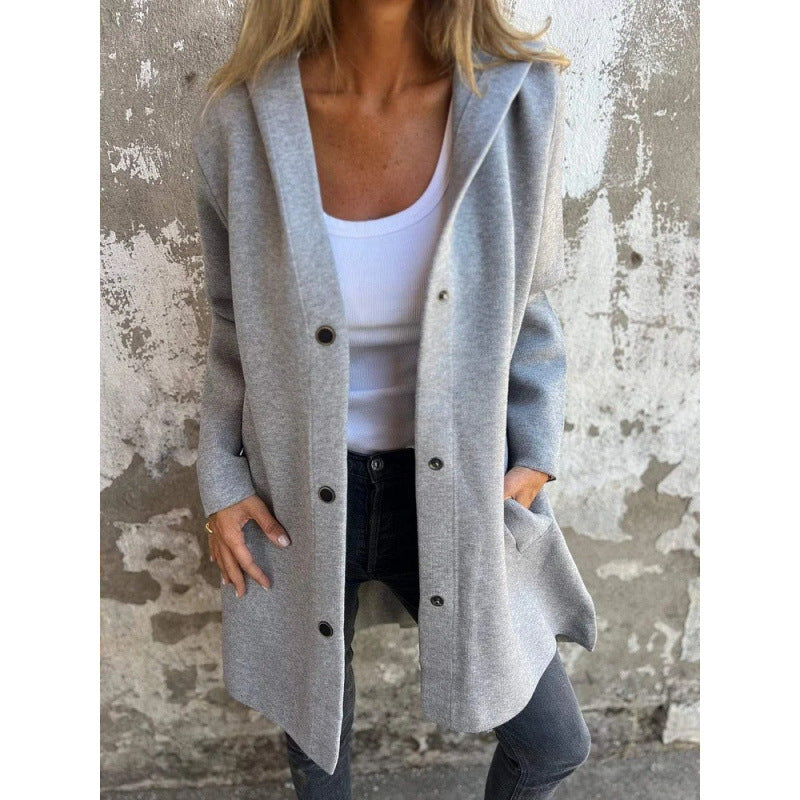 Women's Midi Length Oversized Coat made of Wool Blend with Clear Button Placket and Minimalist Lapels Mune Fashion