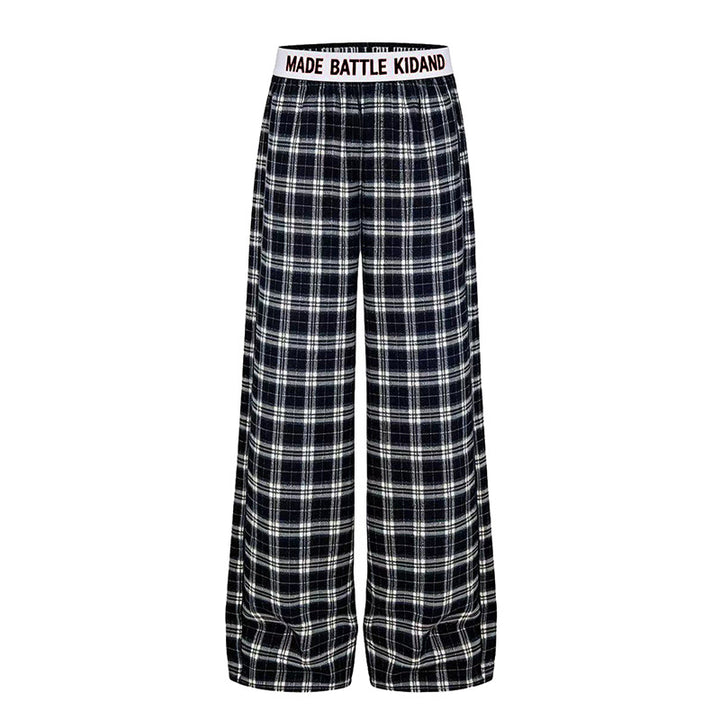 Ladies Wide Lounge Pants with Check Pattern and Elastic Logo Waistband Mune Fashion