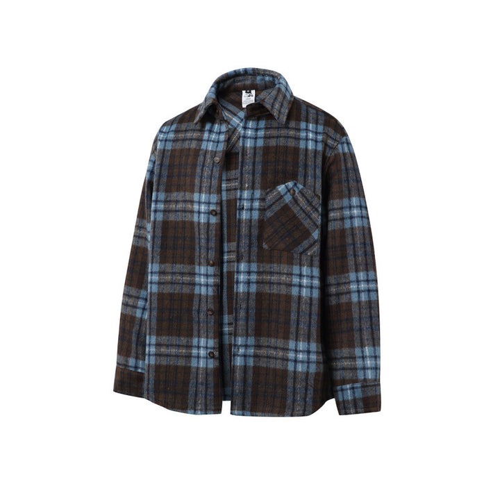 Unisex Boxy Overshirt Jacket made of soft wool blend with check pattern and patch chest pocket Mune Fashion