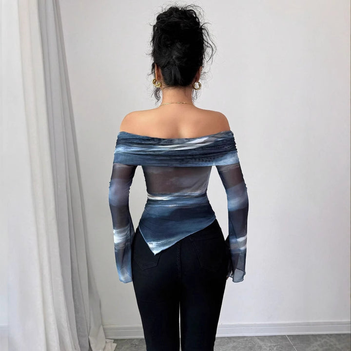 Women's shoulder-free mesh wrap top with asymmetrical handkerchief hem and long flared sleeves Mune Fashion